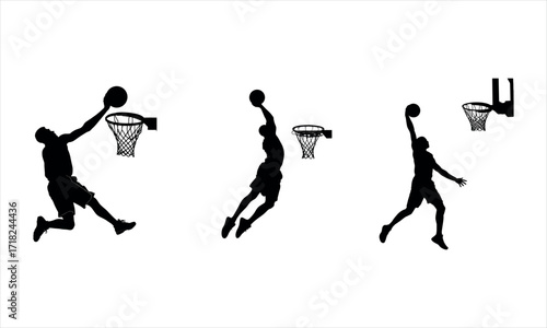 Silhouette graphic of basketball players performing dunks.
