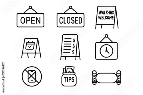 Barbershop Icon Set. Line style icons of barbershop signage: open sign, closed sign, walk-in welcome, appointment only, price list