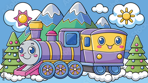Charming cartoon train with happy face traveling through a whimsical winter landscape with snow capped mountains and cheerful clouds
