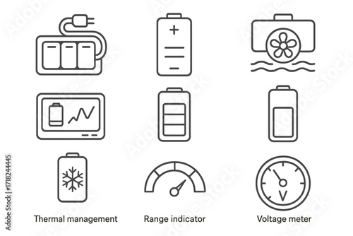 Battery and Power Icons. Line style icons of battery and power systems: EV battery pack, lithium-ion cell, battery cooling system,