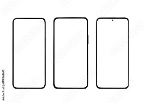 Set of three smartphone mockups in different angles with blank white screens, isolated on transparent background