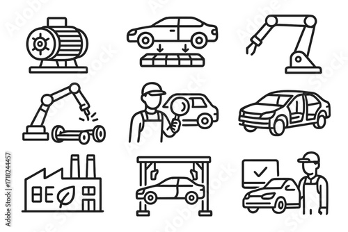 EV Manufacturing Icons. Line style icons of EV manufacturing: electric motor assembly, battery installation, robotic arm, chassis