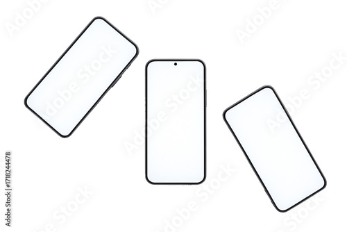 Set of three smartphone mockups in different angles with blank white screens, isolated on transparent background
