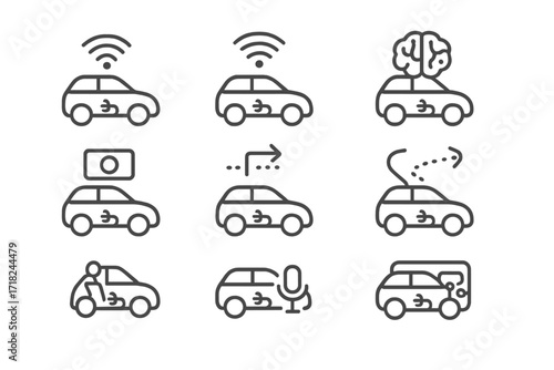 Futuristic Car Icons. Line style icons of autonomous electric cars: self-driving mode, lidar sensor, AI car brain, camera vision,