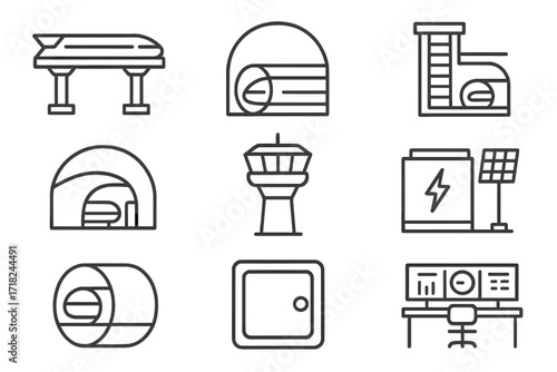 Hyperloop Infrastructure Icons. Line style icons of Hyperloop infrastructure: elevated track, underground tube, maintenance shaft,