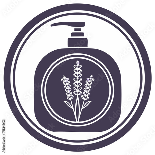 Elegant lavender soap dispenser icon encircled with double ring design, promoting beauty, self-care, and natural ingredient cosmetics.