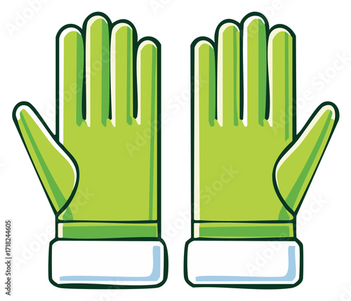Green cartoon gardening gloves with white cuffs. Illustration of protective workwear.