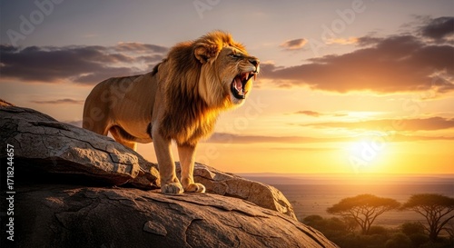 A powerful lion with a full mane roars from a rocky peak illuminated by the golden light of a savanna sunset overlooking distant trees