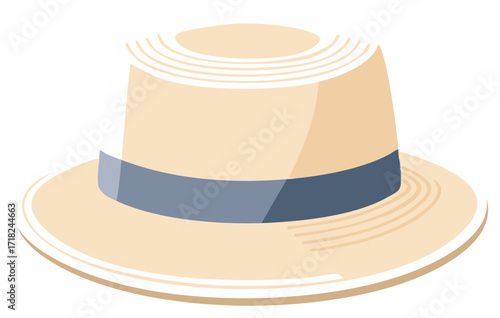 Classic straw boater hat with a blue ribbon band vector illustration