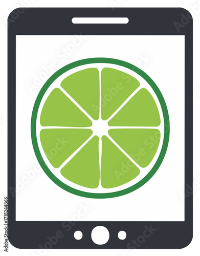 Tablet computer displaying a fresh lime slice icon for a healthy food or recipe app