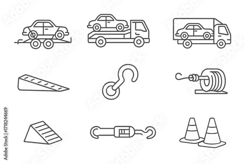 Vintage Car Transport Icons. Line style icons of vintage car transport: trailer with straps, open transport truck, enclosed
