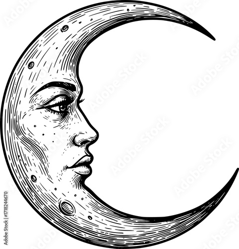 Vintage sketch of crescent moon with human face in detailed black lines. Vector illustration