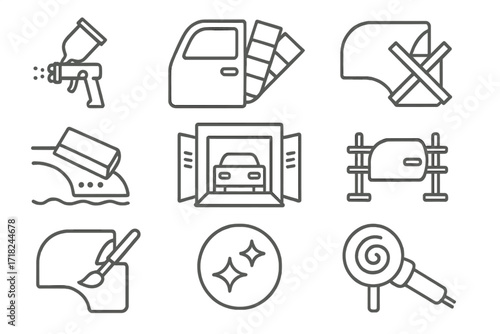 Paint Process Icons. Line style icons of paint and finish stages: base coat, color match sample, taping lines, wet sanding, paint