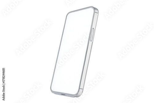 Angled view white smartphone mockup with blank screen, isolated on transparent background