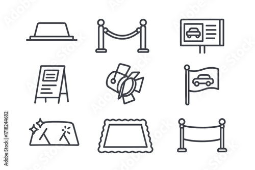 Classic Car Icons. Line style icons of classic car showcase: display plaque, red rope barrier, turntable stand, info board,
