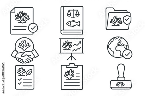 Reef Policy Icons. Line style icons of reef-related policies: coral restoration permit, marine law book, protected zone file,