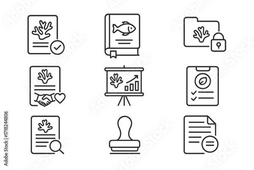 Reef Policy Icons. Line style icons of reef-related policies: coral restoration permit, marine law book, protected zone file,