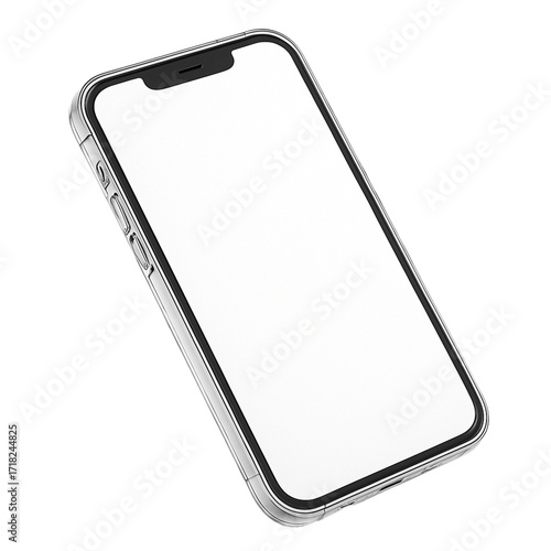 Angled view smartphone mockup with blank white screen, isolated on transparent background