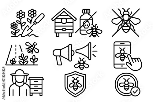 Bee Conservation Icons. Line style icons of bee conservation efforts: wildflower planting, habitat creation, pesticide ban,