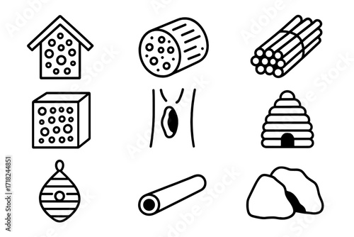 Native Bee Shelters Icons. Line style icons of native bee shelters: wooden bee hotel, drilled log, bamboo tube bundle, clay block