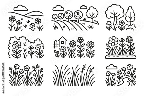Flowering Habitat Icons. Line style icons of flowering habitats: meadow landscape, orchard rows, forest edge, hedgerow bloom,