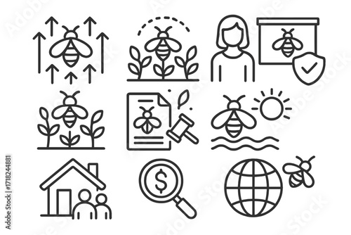 Bee Conservation Icons. Line style icons of bee conservation goals: increase populations, habitat expansion, education outreach,