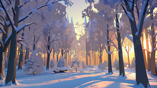 Sunlight streams through snow covered trees in a serene winter forest landscape at sunrise