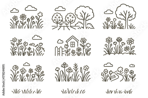 Flowering Habitat Icons. Line style icons of flowering habitats: meadow landscape, orchard rows, forest edge, hedgerow bloom,