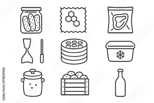 Food Preservation Icons. Line style icons of food preservation methods: mason jar with pickles, beeswax wrap, vacuum sealed bag,