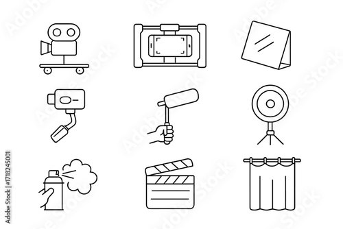 DIY Filmmaking Icons. Line style icons of low-budget filmmaking hacks: DIY dolly, phone rig, cardboard reflector, handheld