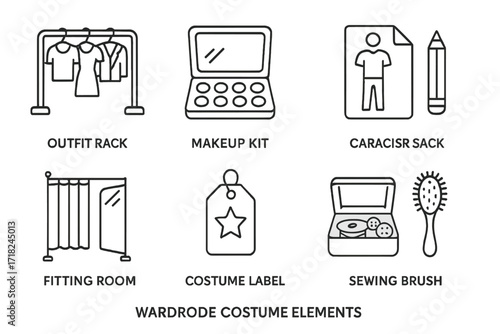 Wardrobe Icon Set. Line style icons of wardrobe and costume elements: outfit rack, makeup kit, character sketch, fitting room,