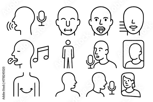 Podcast Voice Icons. Line style icons of podcast voice training: vocal warm-up, breath control, articulation guide, pitch range,