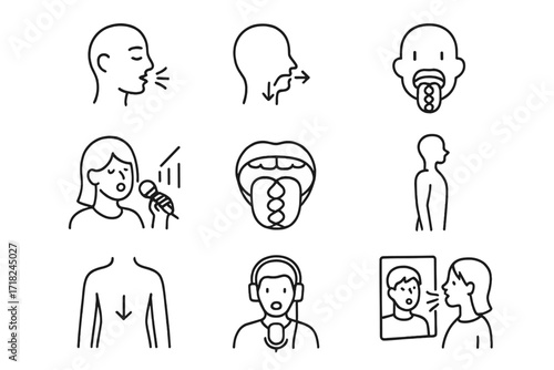 Podcast Voice Icons. Line style icons of podcast voice training: vocal warm-up, breath control, articulation guide, pitch range,
