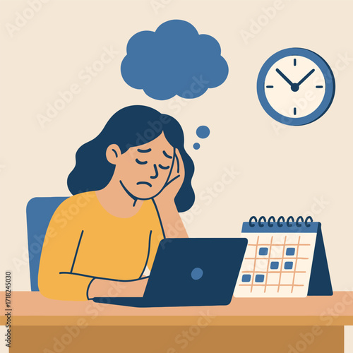 Young woman procrastinating at office desk with computer