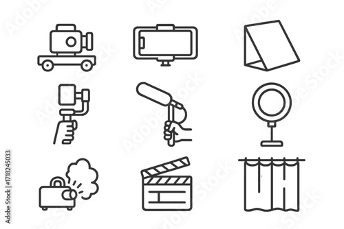 DIY Filmmaking Icons. Line style icons of low-budget filmmaking hacks: DIY dolly, phone rig, cardboard reflector, handheld