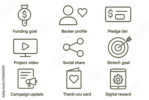 Indie Crowdfunding Icons. Line style icons of indie crowdfunding campaigns: funding goal, backer profile, pledge tier, project