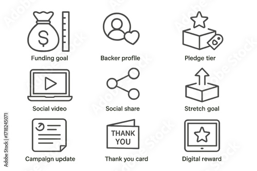 Indie Crowdfunding Icons. Line style icons of indie crowdfunding campaigns: funding goal, backer profile, pledge tier, project