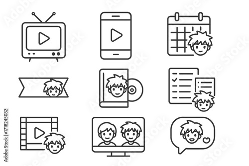Anime Release Icons. Line style icons of anime airing and release: TV broadcast icon, streaming app, episode calendar, release