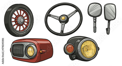 Vintage car parts collection with classic wheel, headlights, and steering whe…