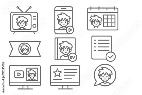 Anime Release Icons. Line style icons of anime airing and release: TV broadcast icon, streaming app, episode calendar, release