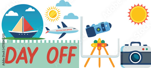 Day Off Vacation Concept with Sailboat, Airplane, Camera, and Sun for Relaxing Holiday Trip and Leisure Time Activities