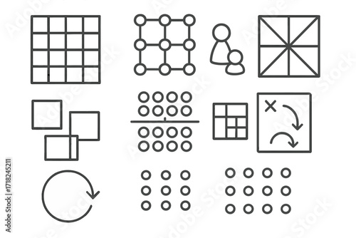 Abstract Board Game Icons. Line style icons of abstract board games: geometric board, minimal tokens, logic pattern, color zone,