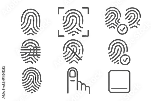 Fingerprint Icon Set. Line style icons of fingerprint authentication: thumbprint icon, fingerprint sensor, fingerprint match,