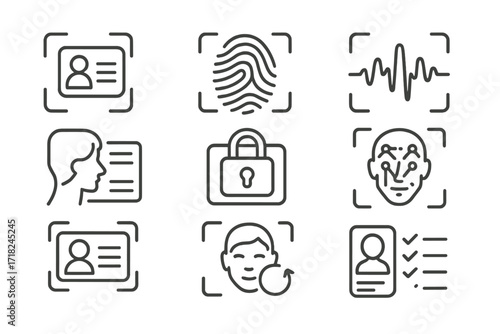 Biometric Line Icons. Line style icons of biometric templates and profiles: user biometric ID, stored fingerprint, voice pattern