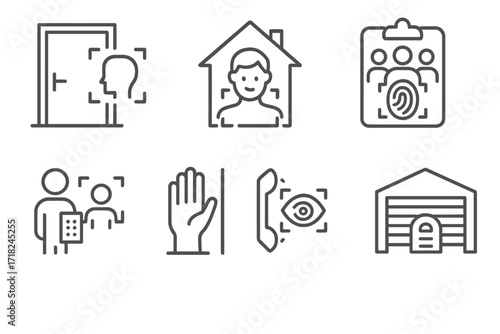 Biometric Security Icons. Line style icons of biometric home security: smart door scan, home face lock, family fingerprint list,