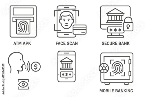 Biometric Banking Icons. Line style icons of biometric banking access: fingerprint ATM, face scan payment, secure banking login,