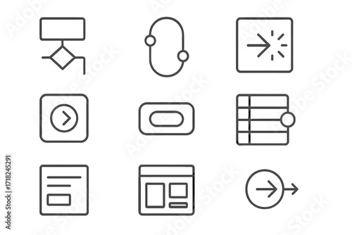Visual Programming Icons. Line style icons of visual programming elements: conditional block, loop connector, event trigger,