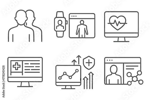 Healthcare Digital Twins Icons. Line style icons of healthcare digital twins: patient twin, wearable device feed, body scan
