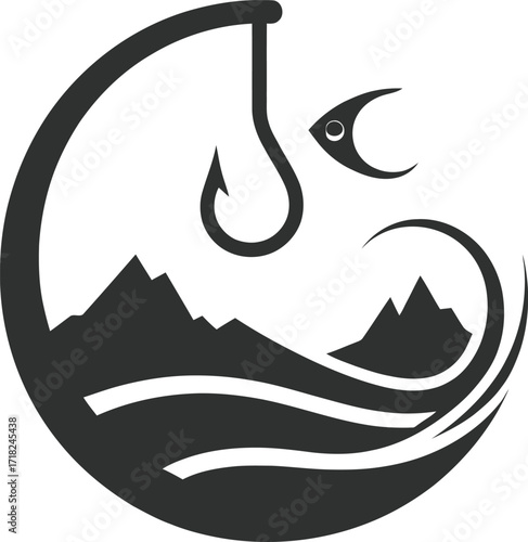 Fishing hook with mountain lake design, recreational angling emblem

