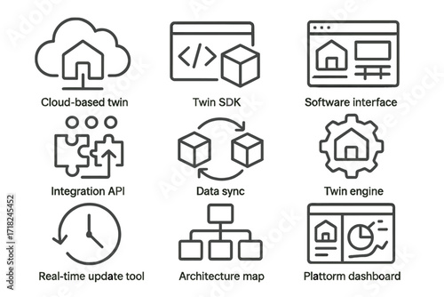 Digital Twin Icons. Line style icons of digital twin software platforms: cloud-based twin, twin SDK, software interface,